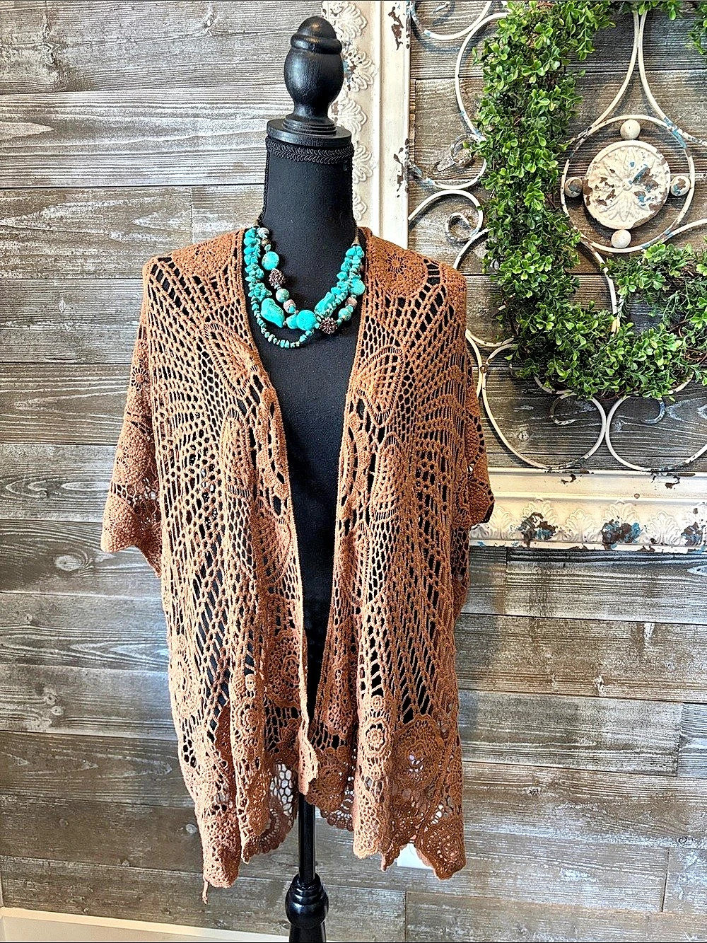 Boho Open Front Crochet Shrug (Size OS) in Brown Like New